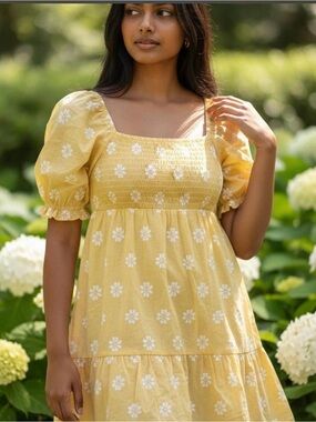 Dee Elly Pastel Yellow Daisy Embroidered Smocked Tie-Front Mini Dress - Size XL